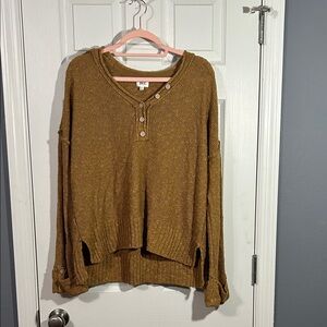 BKE Women’s Brown drop shoulder button cuff sleeve Henley Sweater Size Large